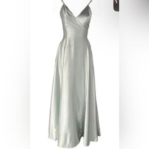 Silver satin style lace up corset boned maxi Dress prom gown